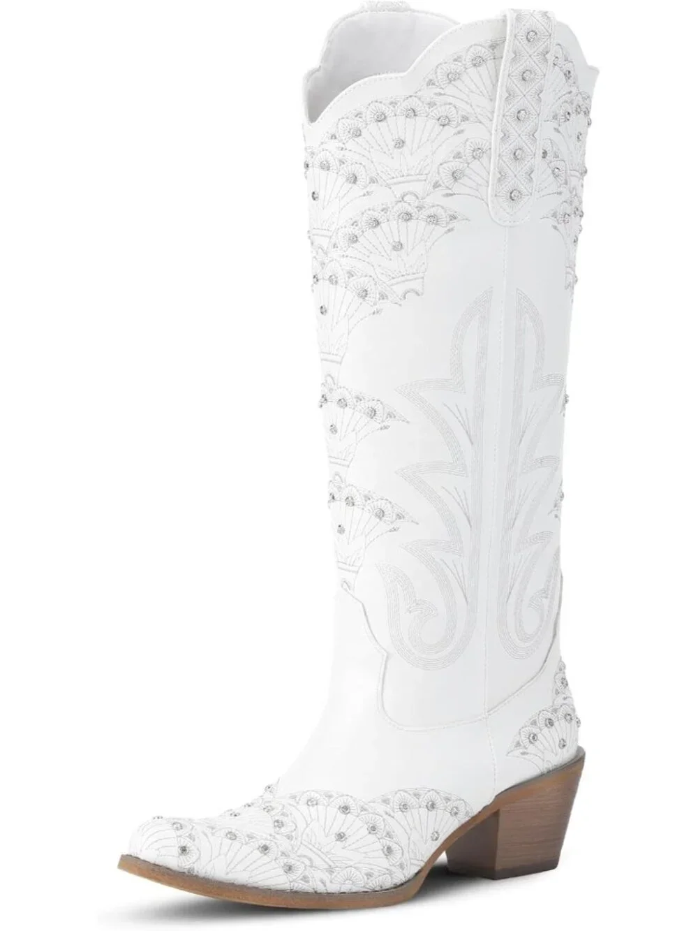 Women's White Durable 3D Rhinestone Knee High Sparkly Embroidery Western Boots